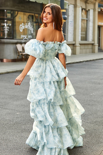 A Line Off The Shoulder Light Blue Tiered Floral Long Formal Dress with Ruffles